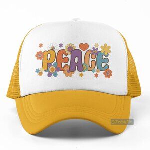🆕Peace Foam Trucker Hat Mesh Snapback Cap Golden Yellow/White